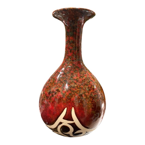 Vintage Red Rust Speckled Earthtone And Unglazed Abstract Design Ceramic Vase - Picture 5 of 16